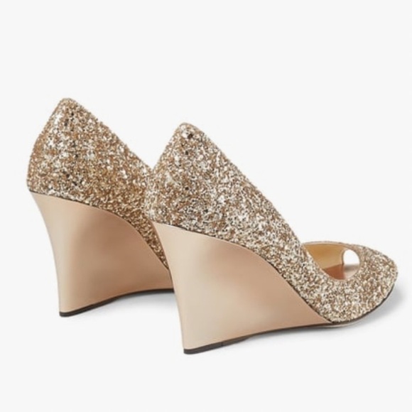 Jimmy  Choo Baxen Woven Metallic Peep Toe Wedge Heels Gold Glitter Size 38 - Picture 2 of 16